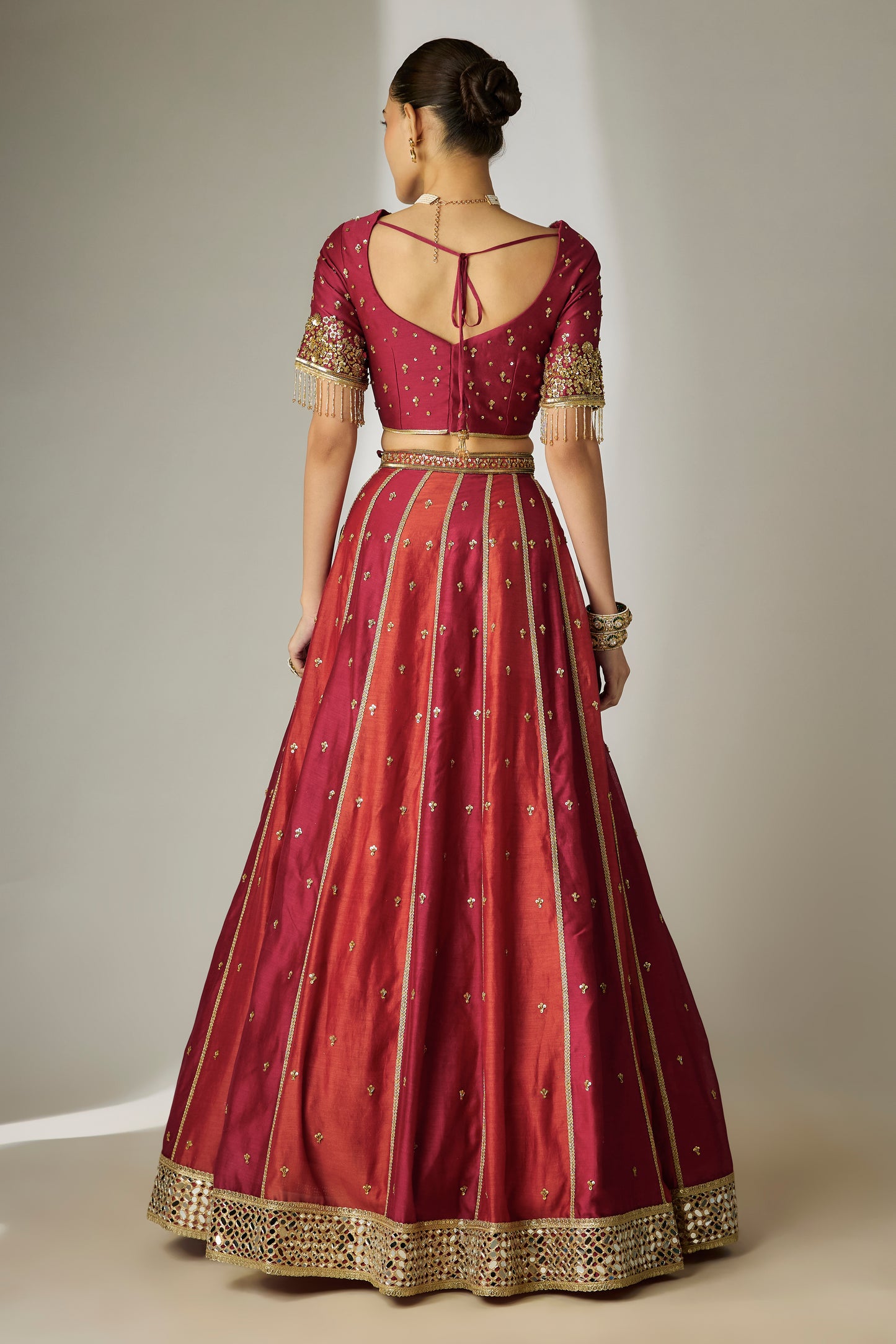 Avni: Silk Chanderi Red & Rust Lehenga Set