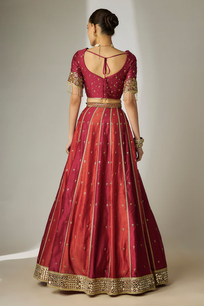 Avni: Silk Chanderi Red & Rust Lehenga Set