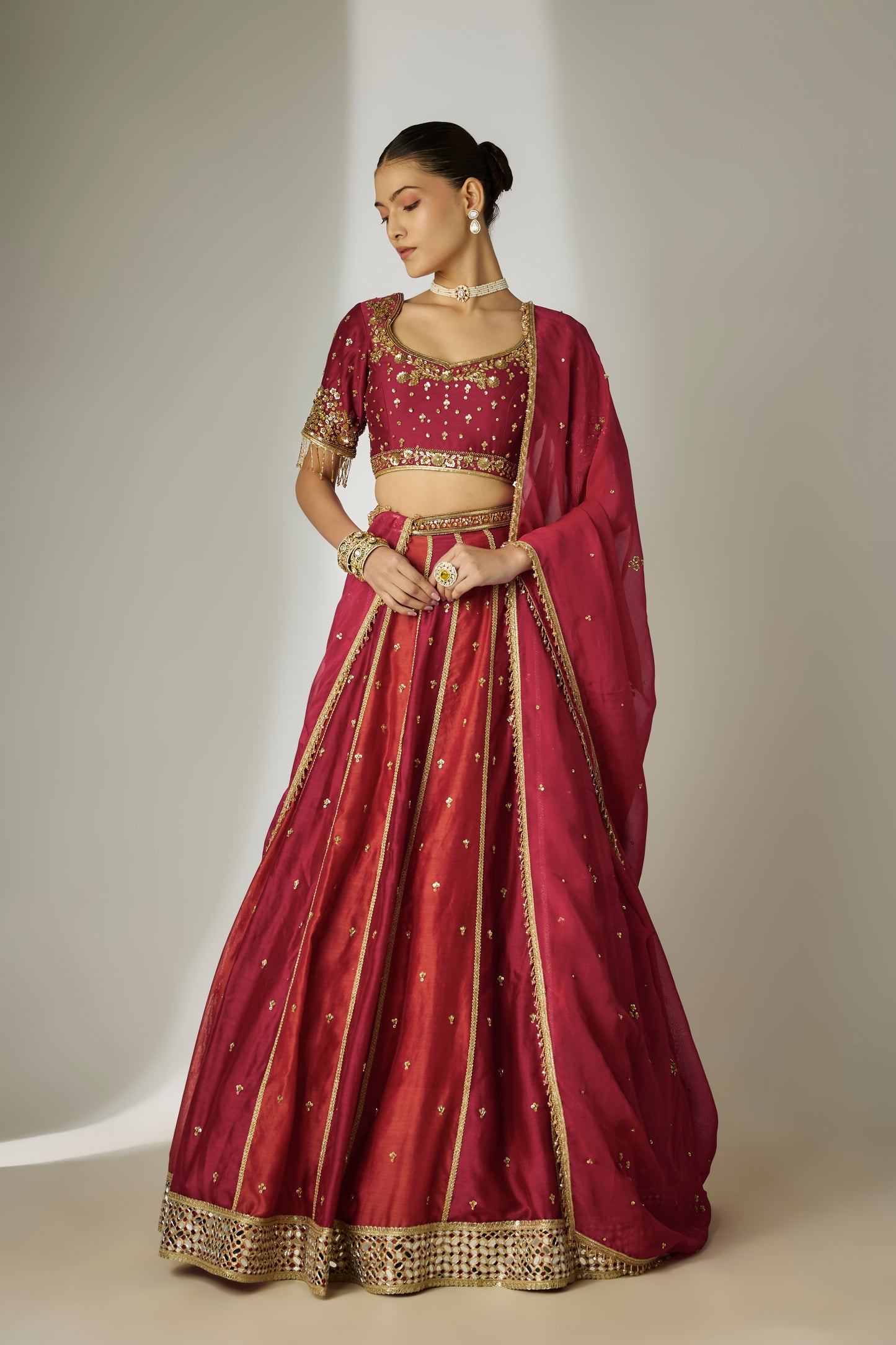 Avni: Silk Chanderi Red & Rust Lehenga Set