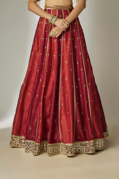 Avni: Silk Chanderi Red & Rust Lehenga Set