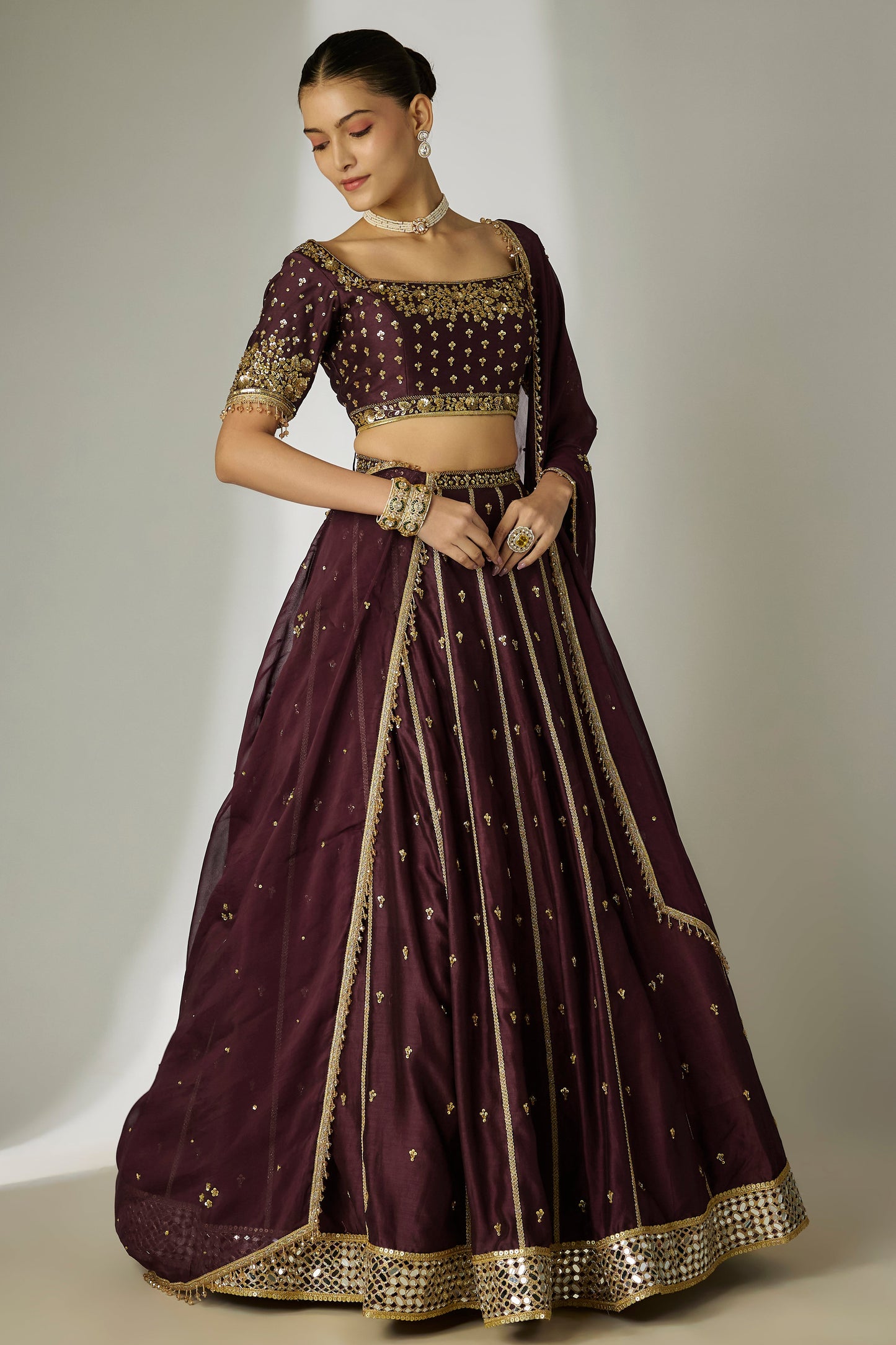 Dhriti: Silk Chanderi Brown Lehenga Set