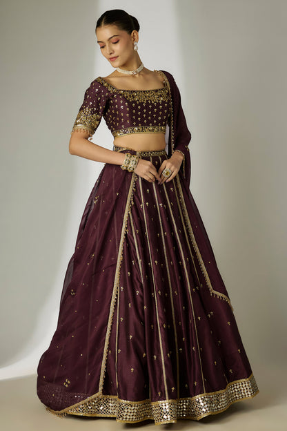 Dhriti: Silk Chanderi Brown Lehenga Set
