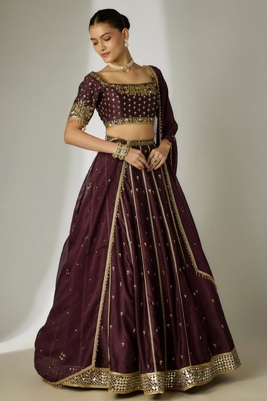 Dhriti: Silk Chanderi Brown Lehenga Set