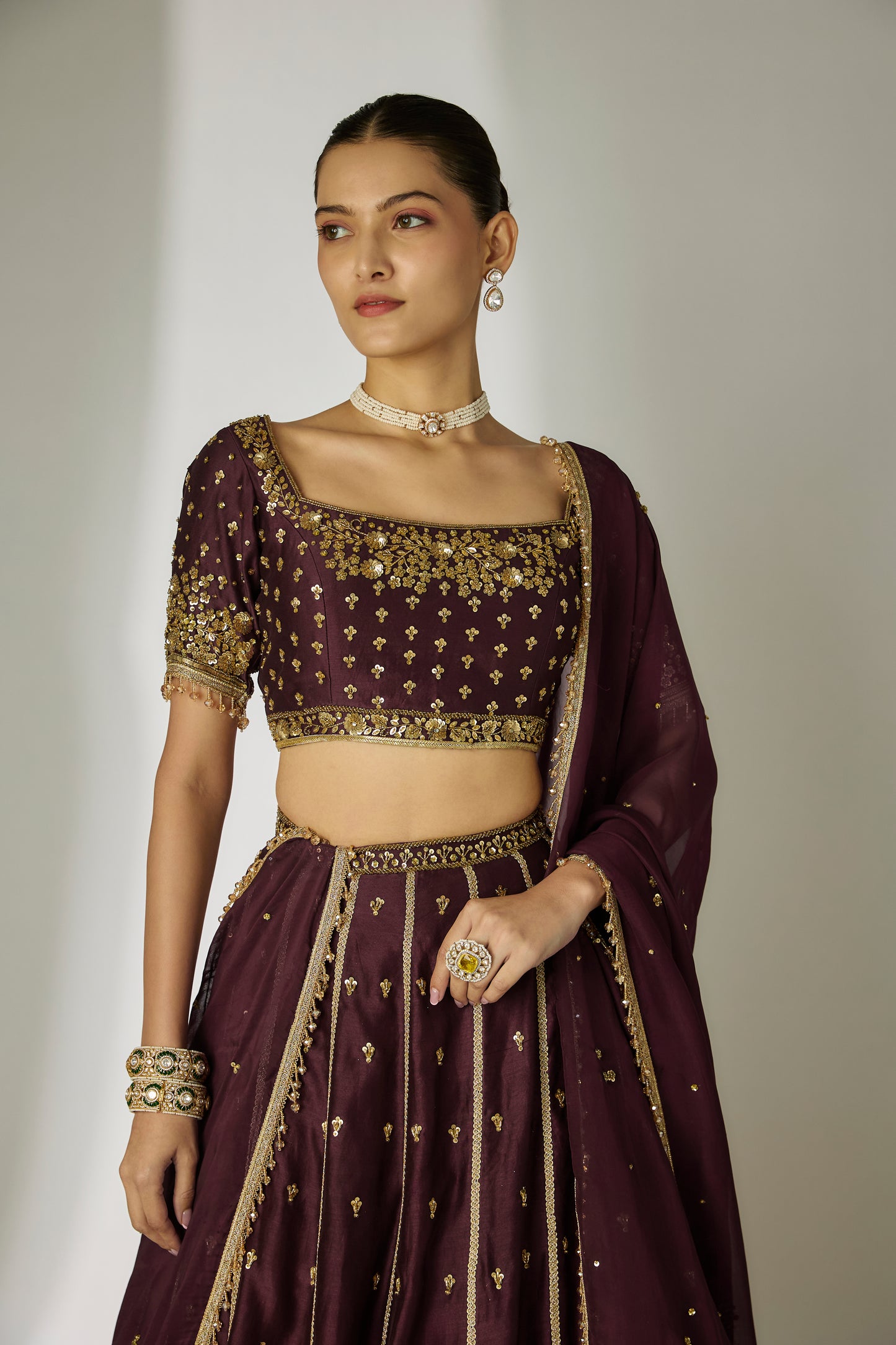 Dhriti: Silk Chanderi Brown Lehenga Set