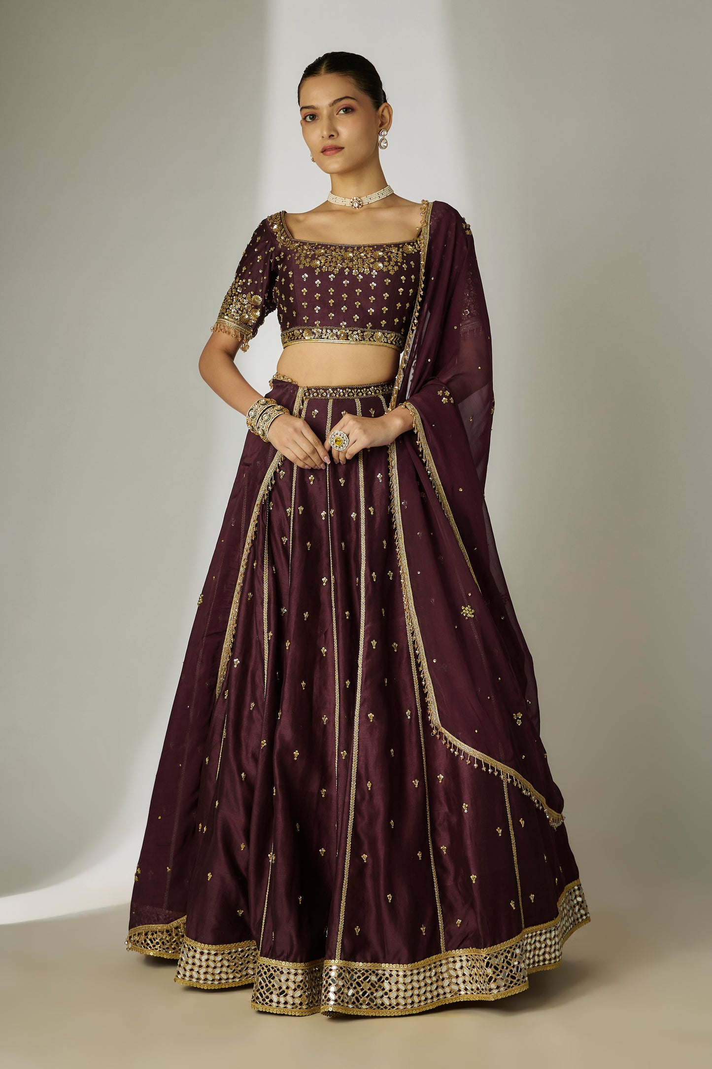 Dhriti: Silk Chanderi Brown Lehenga Set