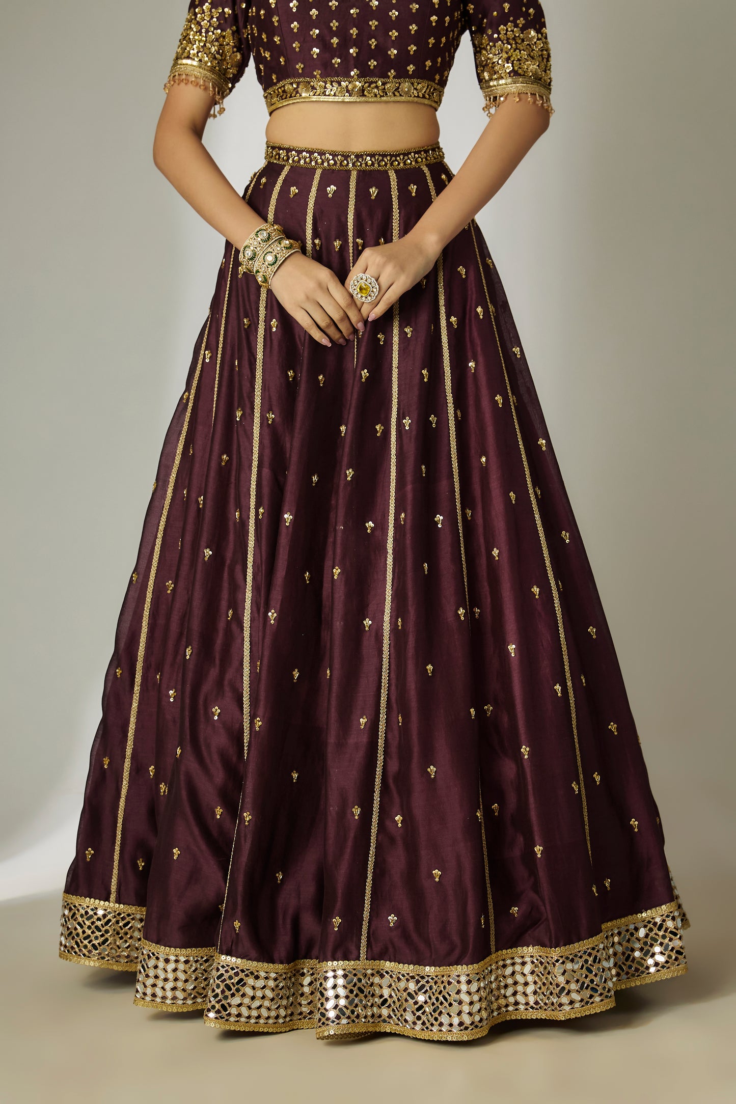 Dhriti: Silk Chanderi Brown Lehenga Set