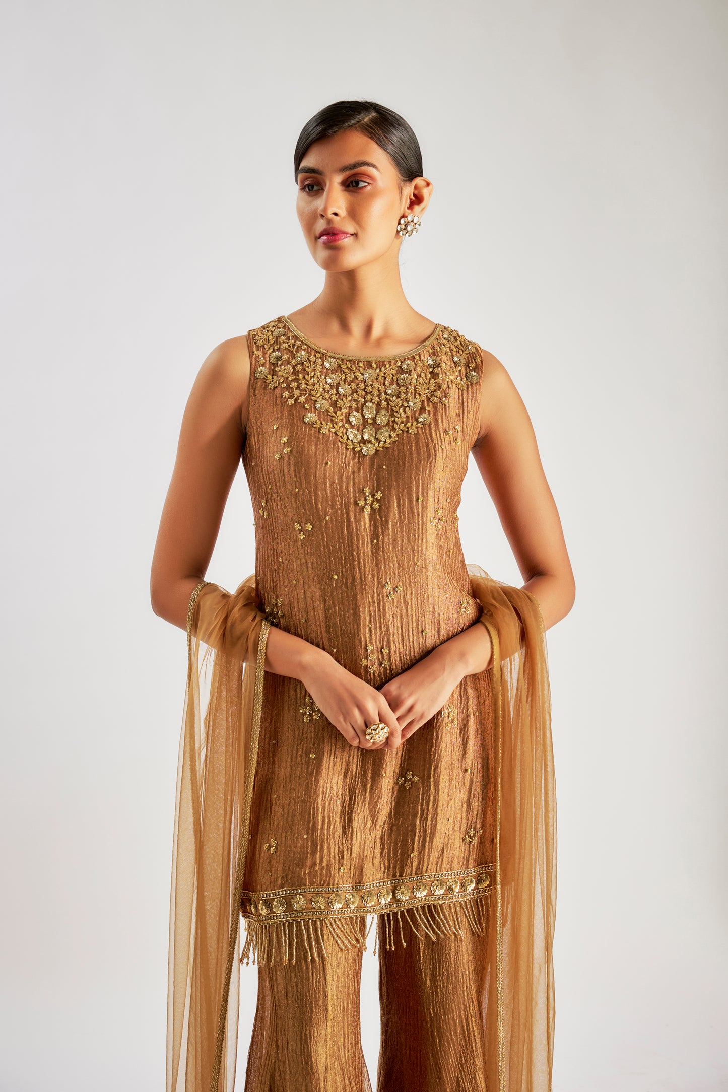 Brown Crushed Tissue Silk Sharara