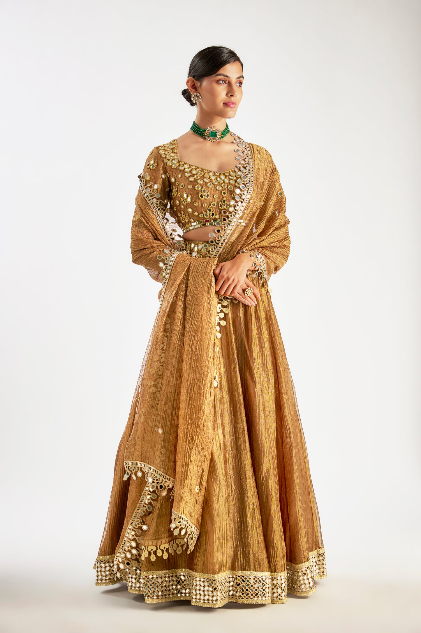 Brown Crushed Tissue Silk Lehenga