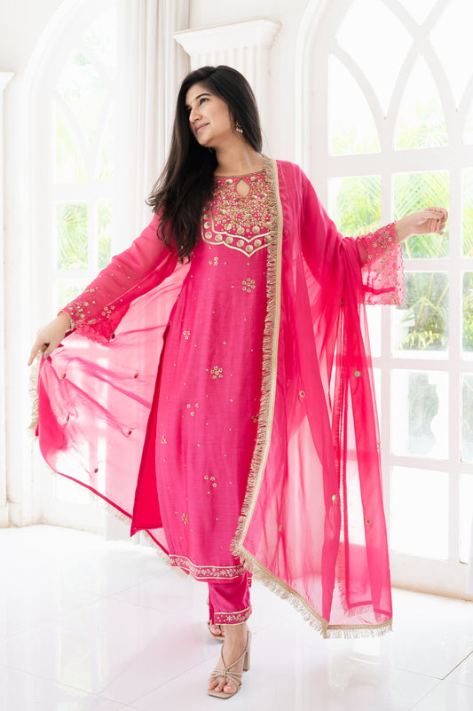 Chanderi Dark Pink Kurta Set