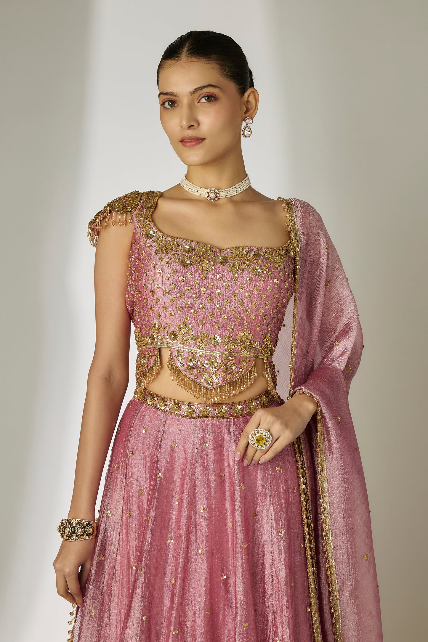 Pink Crushed Silk-Tissue Lehenga
