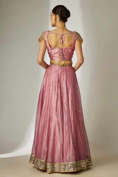 Pink Crushed Silk-Tissue Lehenga