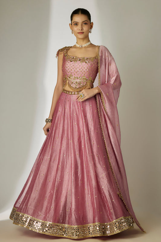 Pink Crushed Silk-Tissue Lehenga