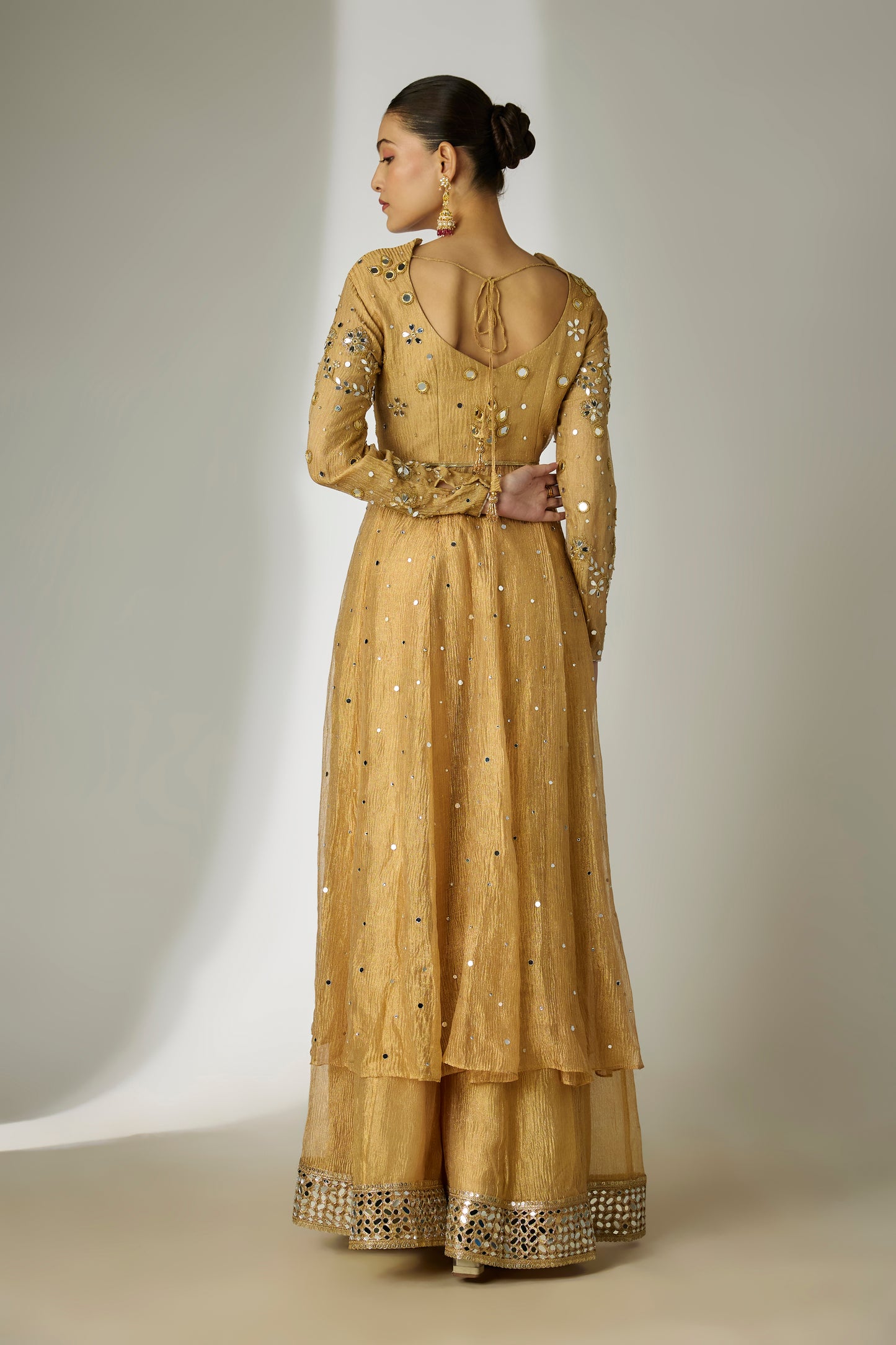 Gold Crushed Tissue Silk Anarkali Set