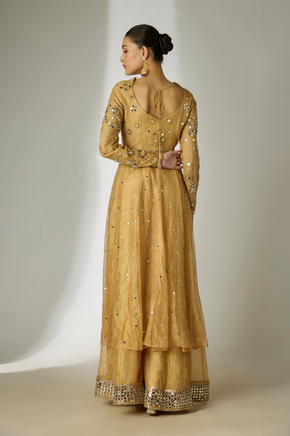 Gold Crushed Tissue Silk Anarkali Set