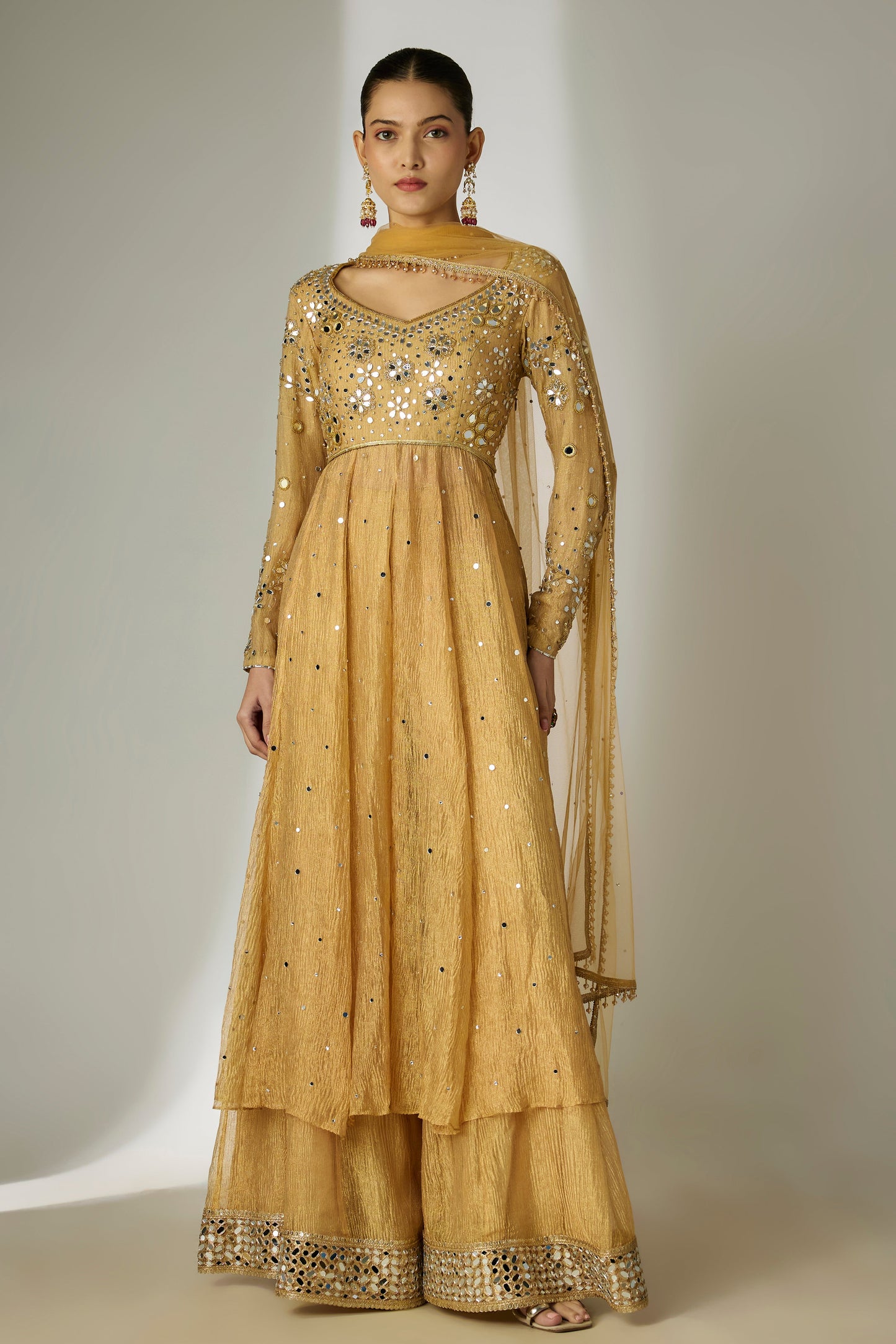 Gold Crushed Tissue Silk Anarkali Set