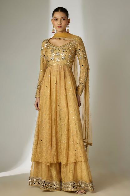 Gold Crushed Tissue Silk Anarkali Set