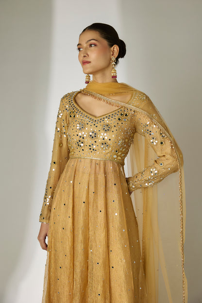 Gold Crushed Tissue Silk Anarkali Set