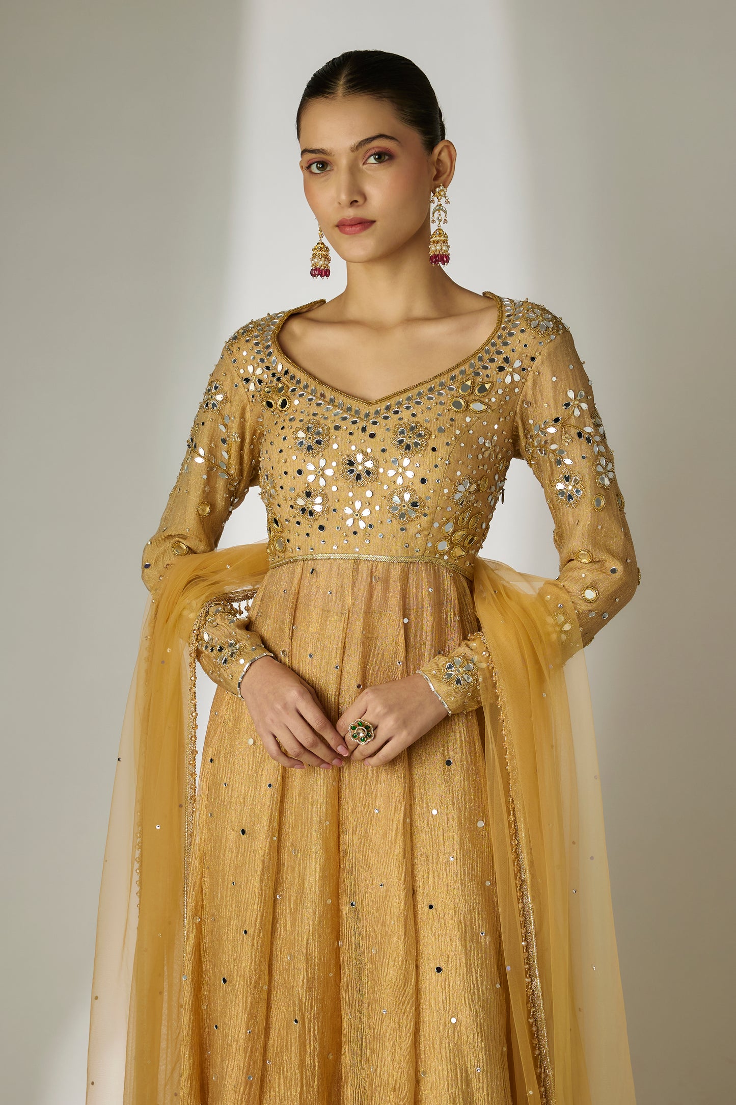 Gold Crushed Tissue Silk Anarkali Set