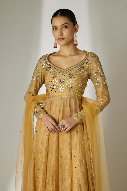 Gold Crushed Tissue Silk Anarkali Set