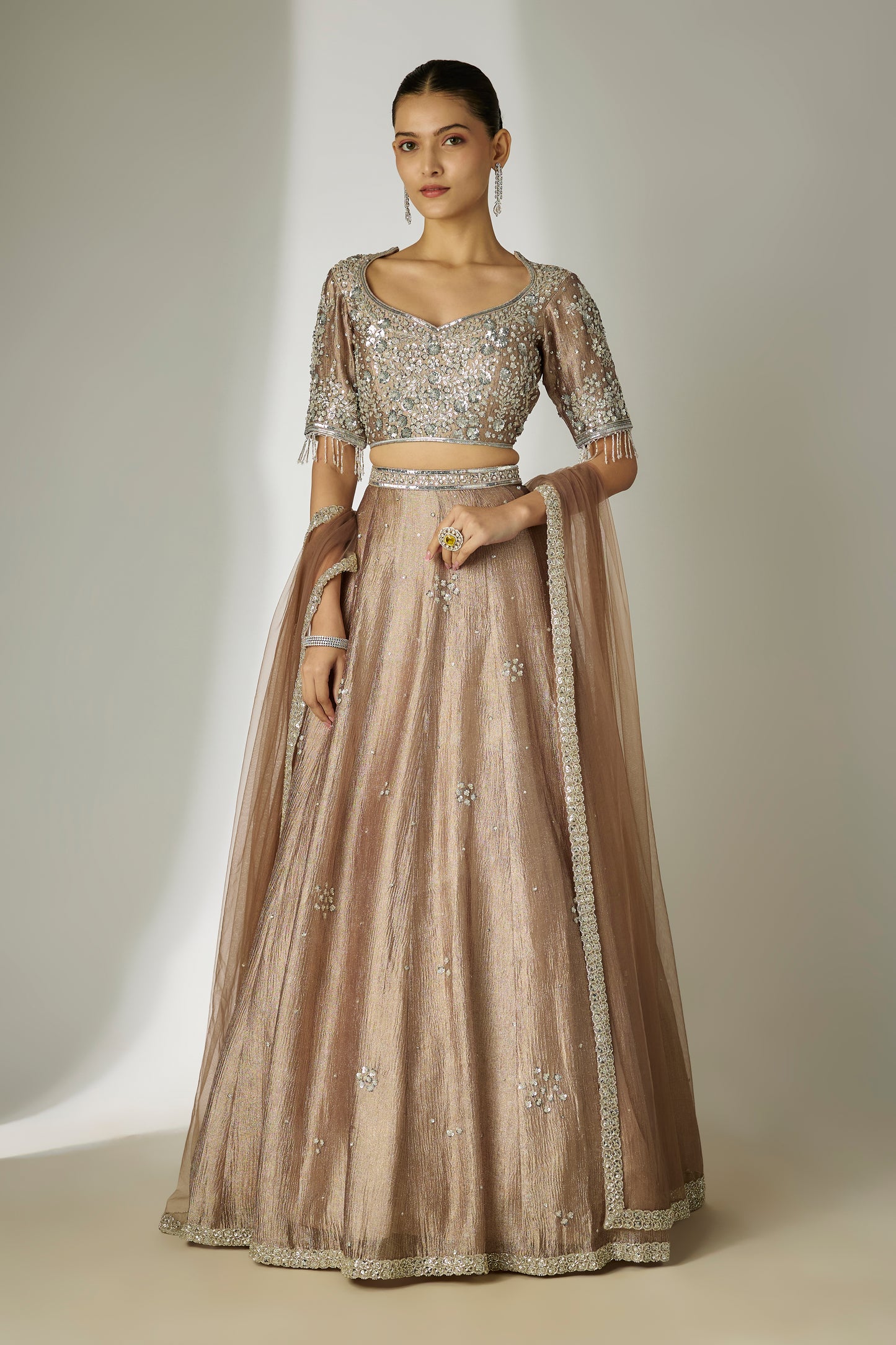Grey Crushed Tissue Silk Lehenga Set