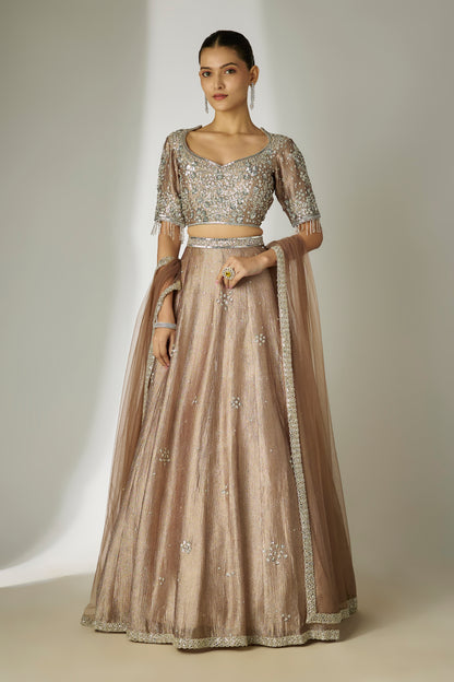 Grey Crushed Tissue Silk Lehenga Set