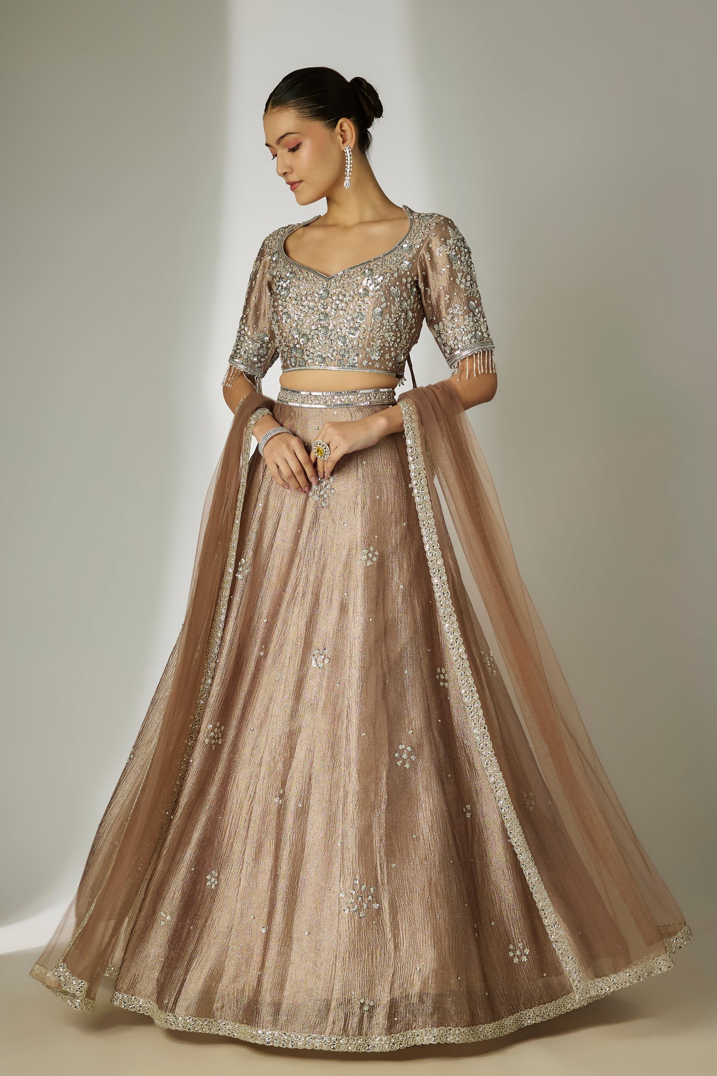 Grey Crushed Tissue Silk Lehenga Set