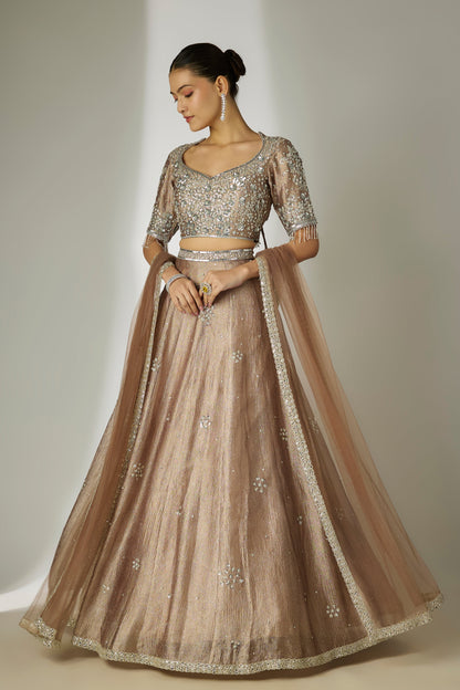 Grey Crushed Tissue Silk Lehenga Set