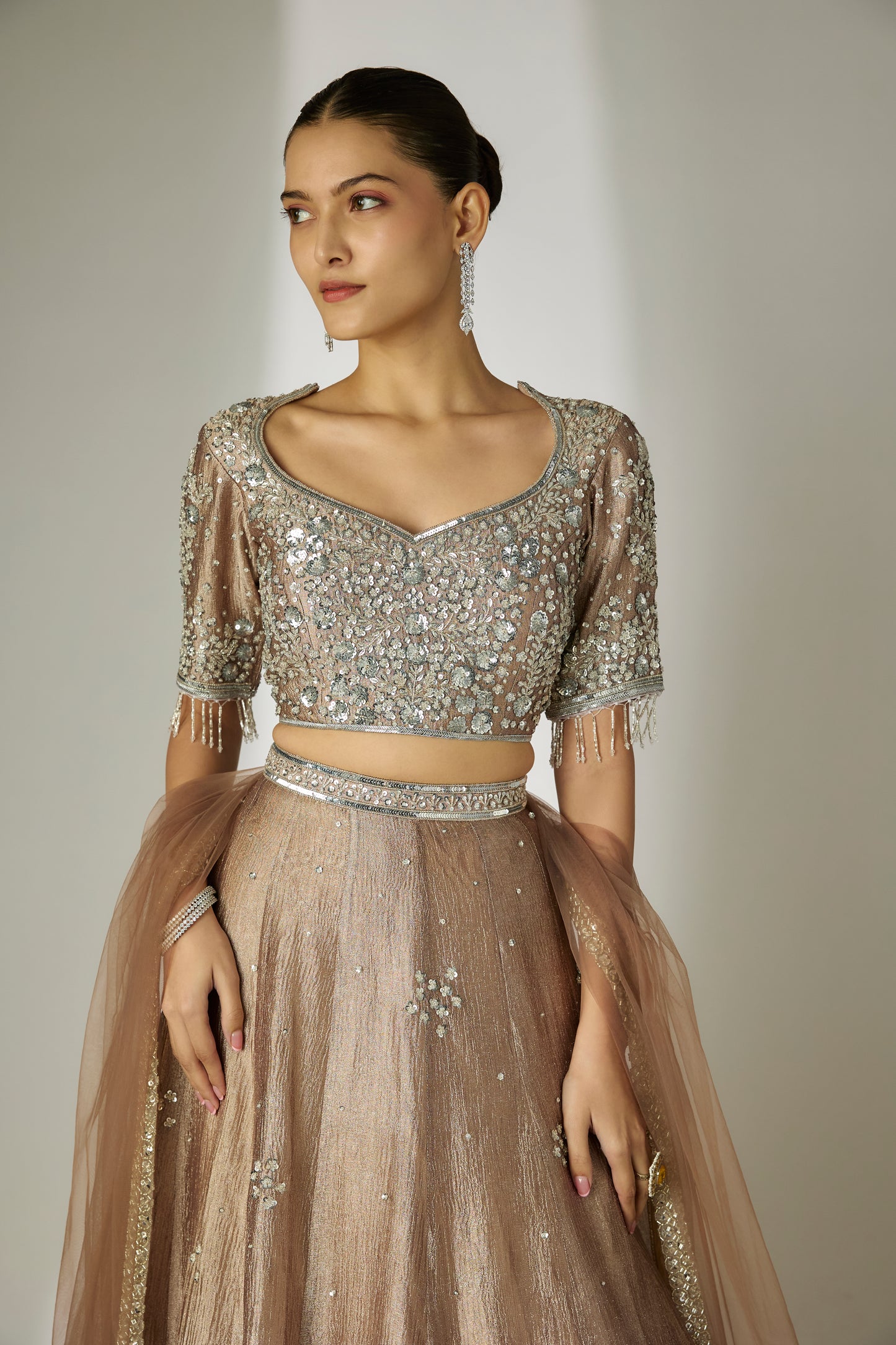 Grey Crushed Tissue Silk Lehenga Set