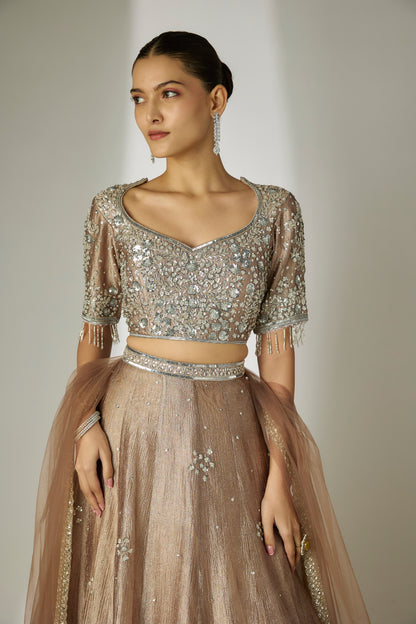 Grey Crushed Tissue Silk Lehenga Set