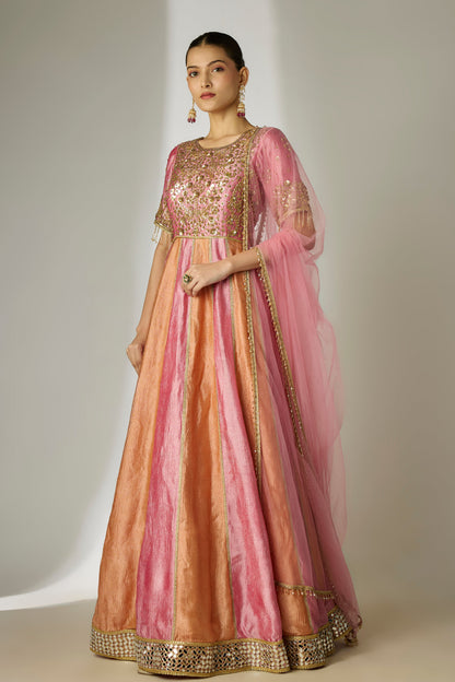 Orange & Pink Crushed Tissue Silk Anarkali