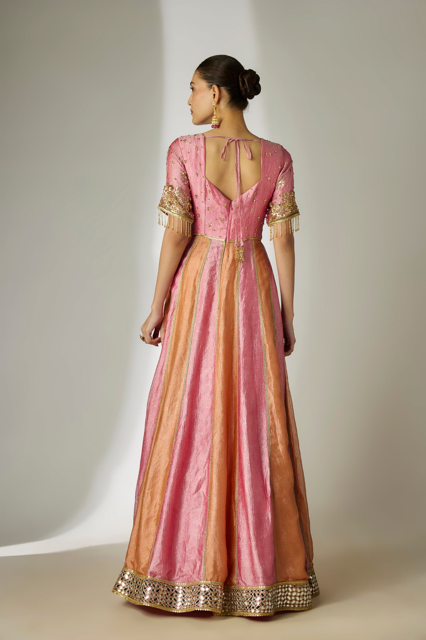Orange & Pink Crushed Tissue Silk Anarkali