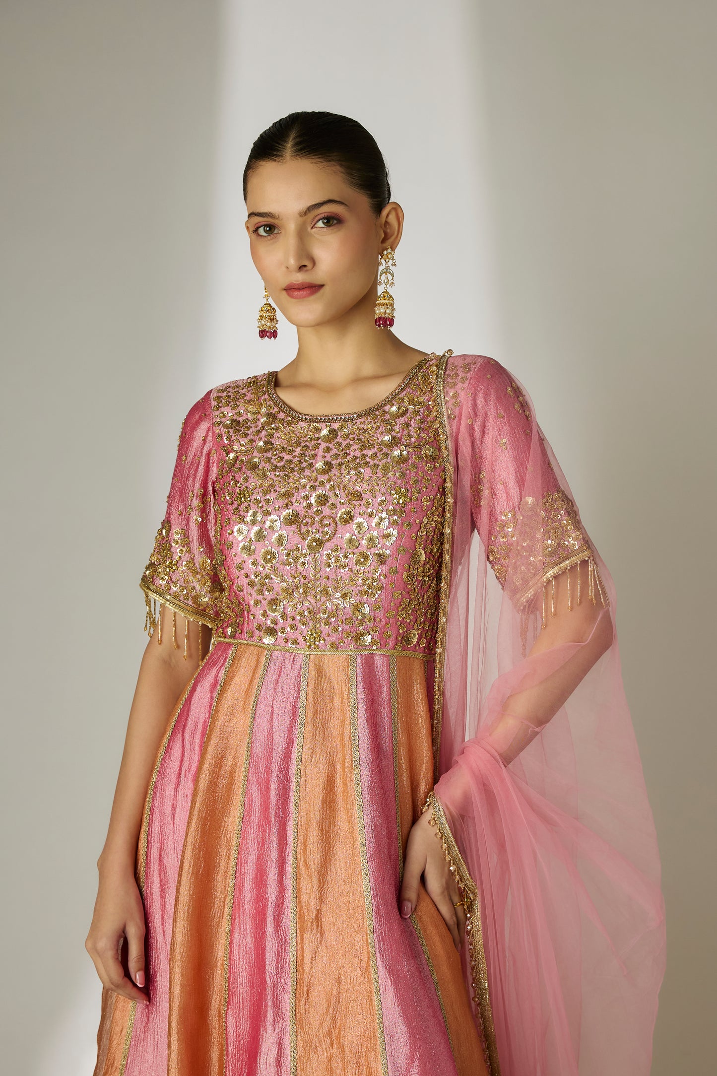 Orange & Pink Crushed Tissue Silk Anarkali