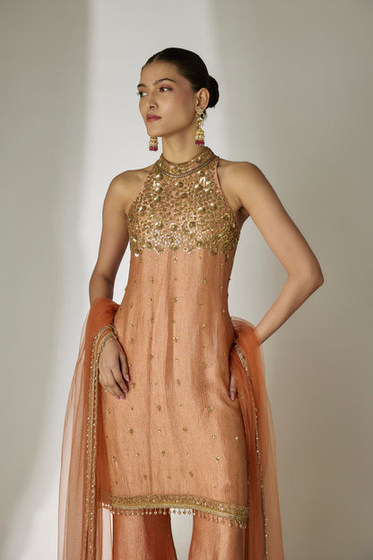 Rust Orange Crushed Tissue Silk Sharara