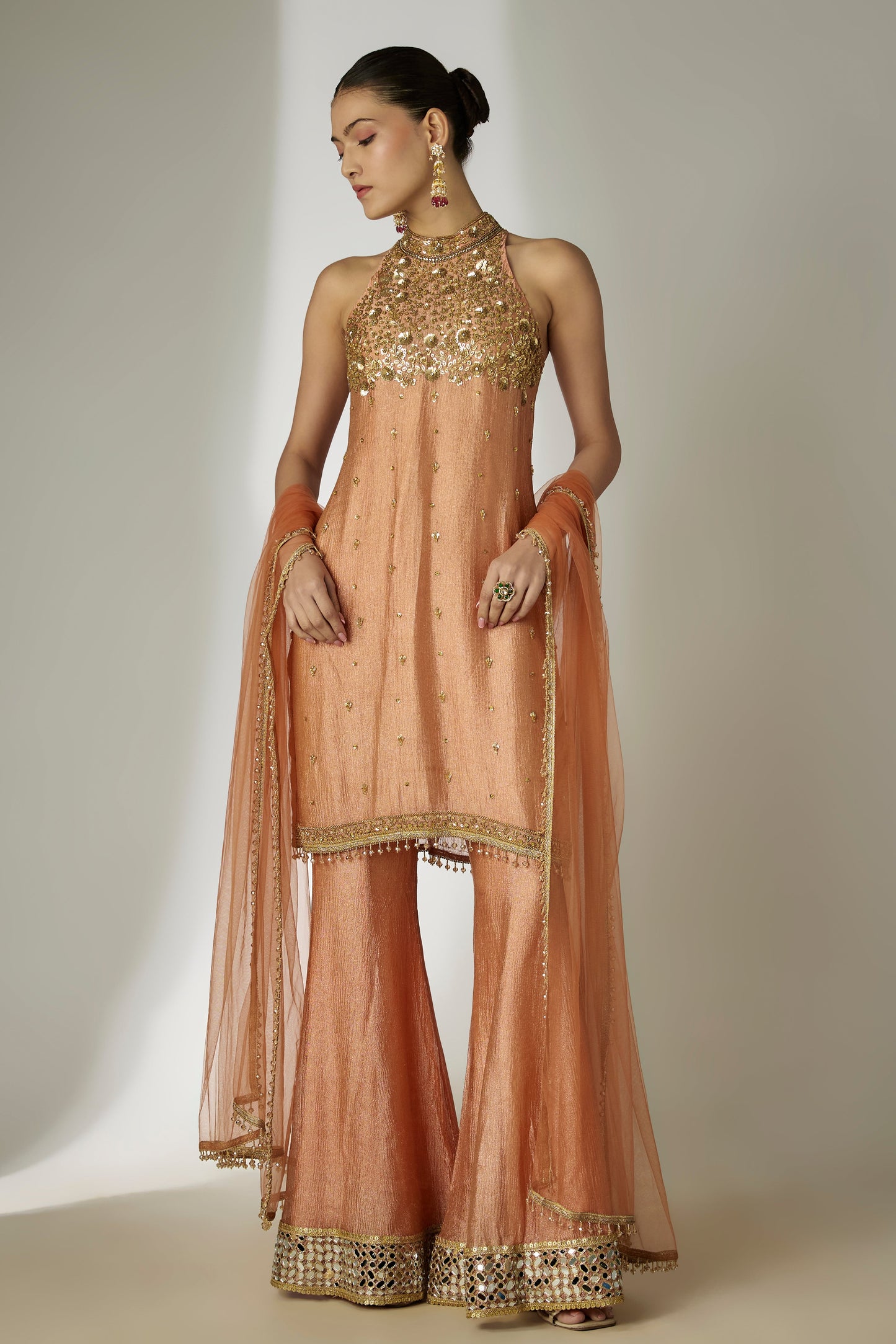 Rust Orange Crushed Tissue Silk Sharara