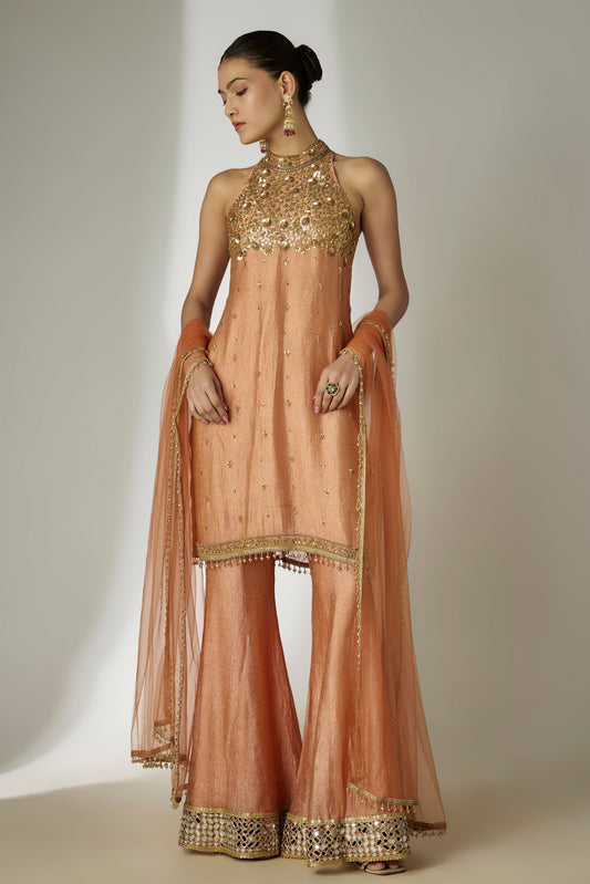 Rust Orange Crushed Tissue Silk Sharara