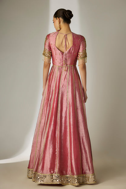 Dark Pink Crushed Tissue Silk Anarkali