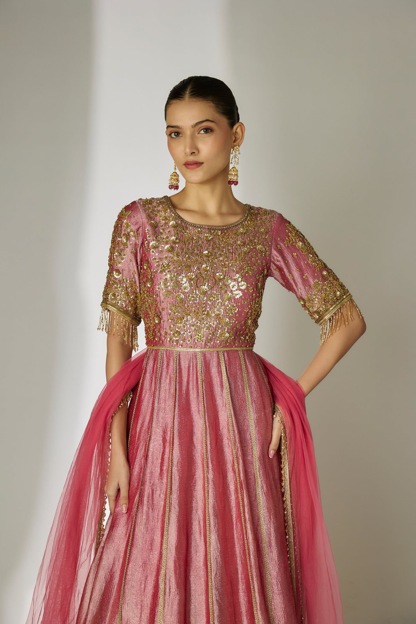 Dark Pink Crushed Tissue Silk Anarkali