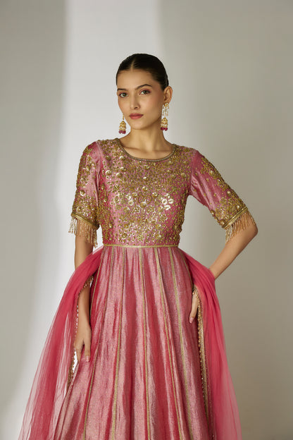 Dark Pink Crushed Tissue Silk Anarkali