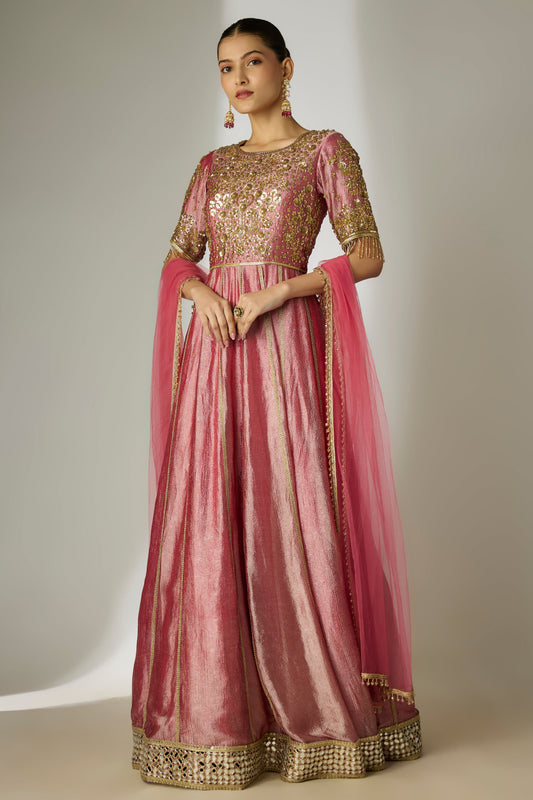 Dark Pink Crushed Tissue Silk Anarkali
