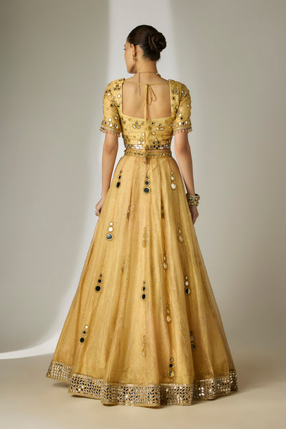 Gold Crushed Tissue Silk Lehenga Set
