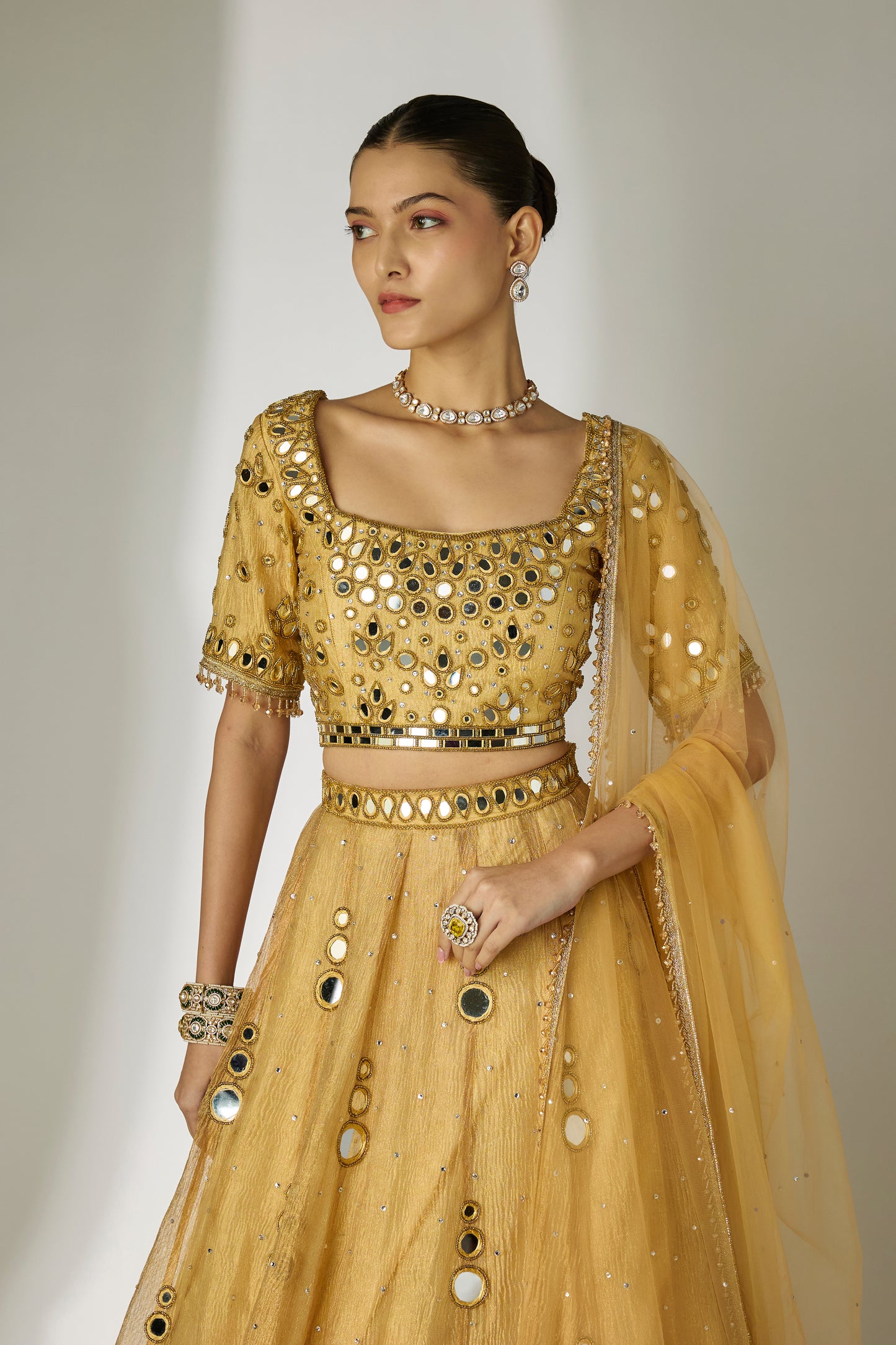 Gold Crushed Tissue Silk Lehenga Set
