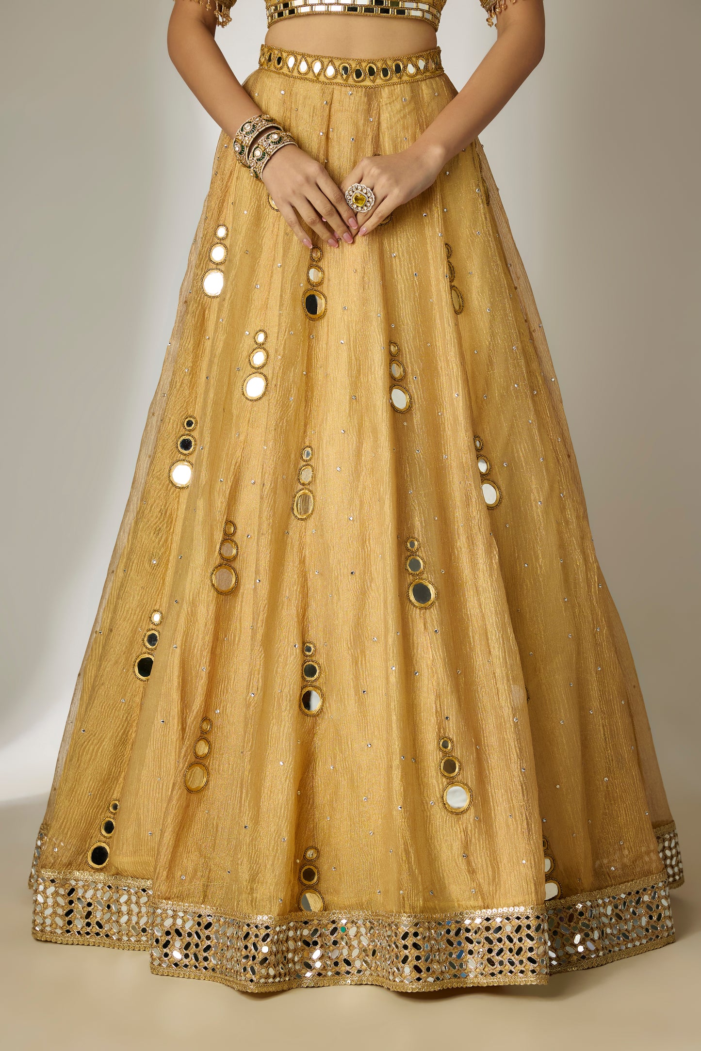 Gold Crushed Tissue Silk Lehenga Set