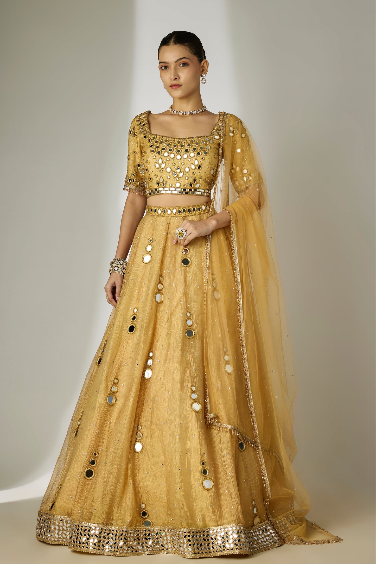 Gold Crushed Tissue Silk Lehenga Set