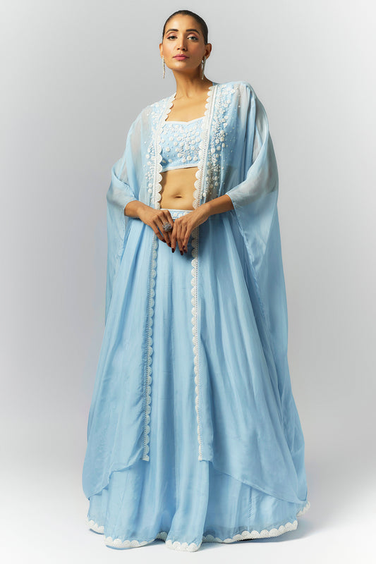 Ice Blue Cape Lehenga Set- Ready to Ship