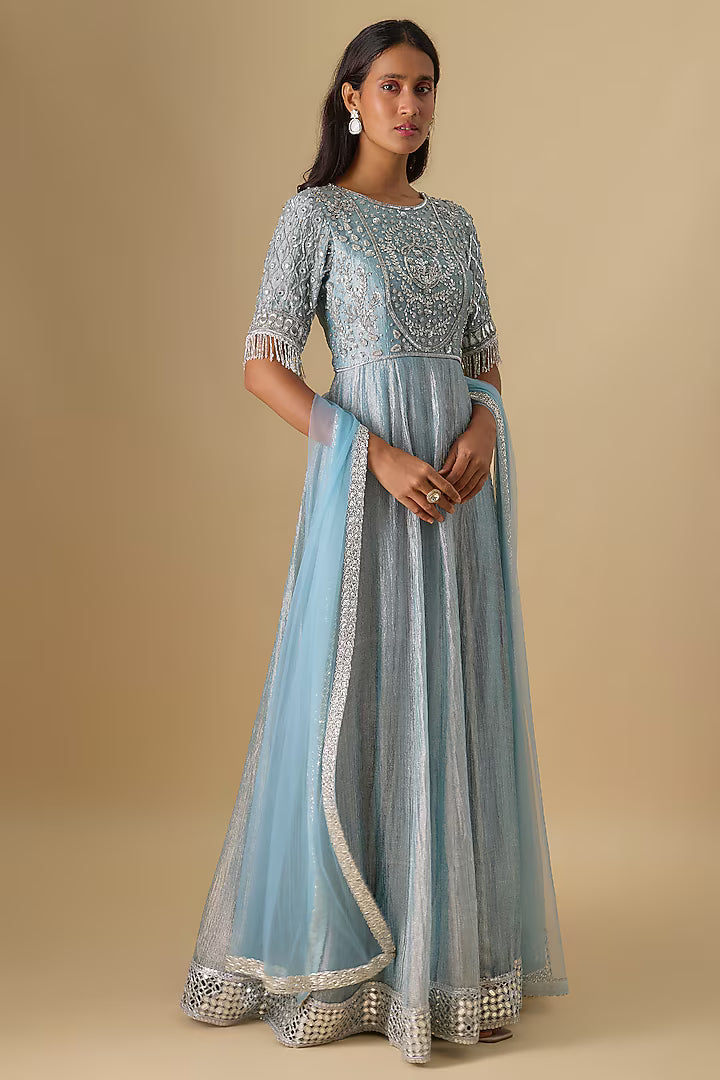Blue Crushed Tissue Silk Anarkali