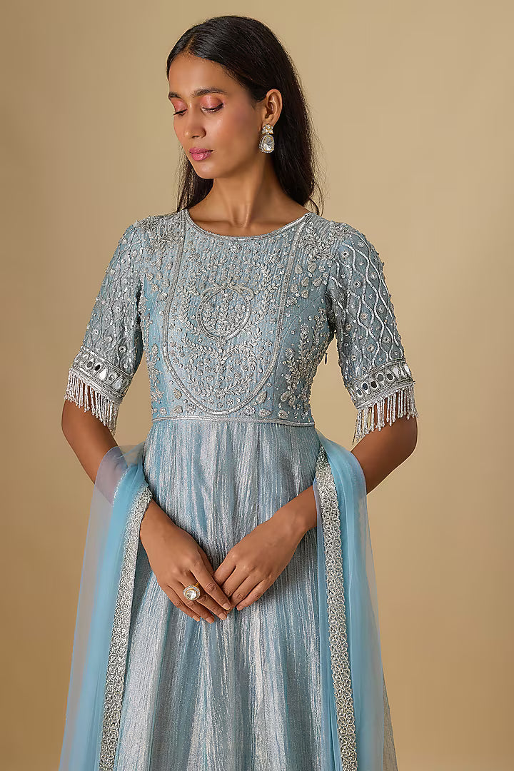 Blue Crushed Tissue Silk Anarkali
