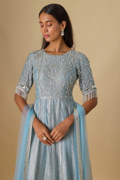 Blue Crushed Tissue Silk Anarkali