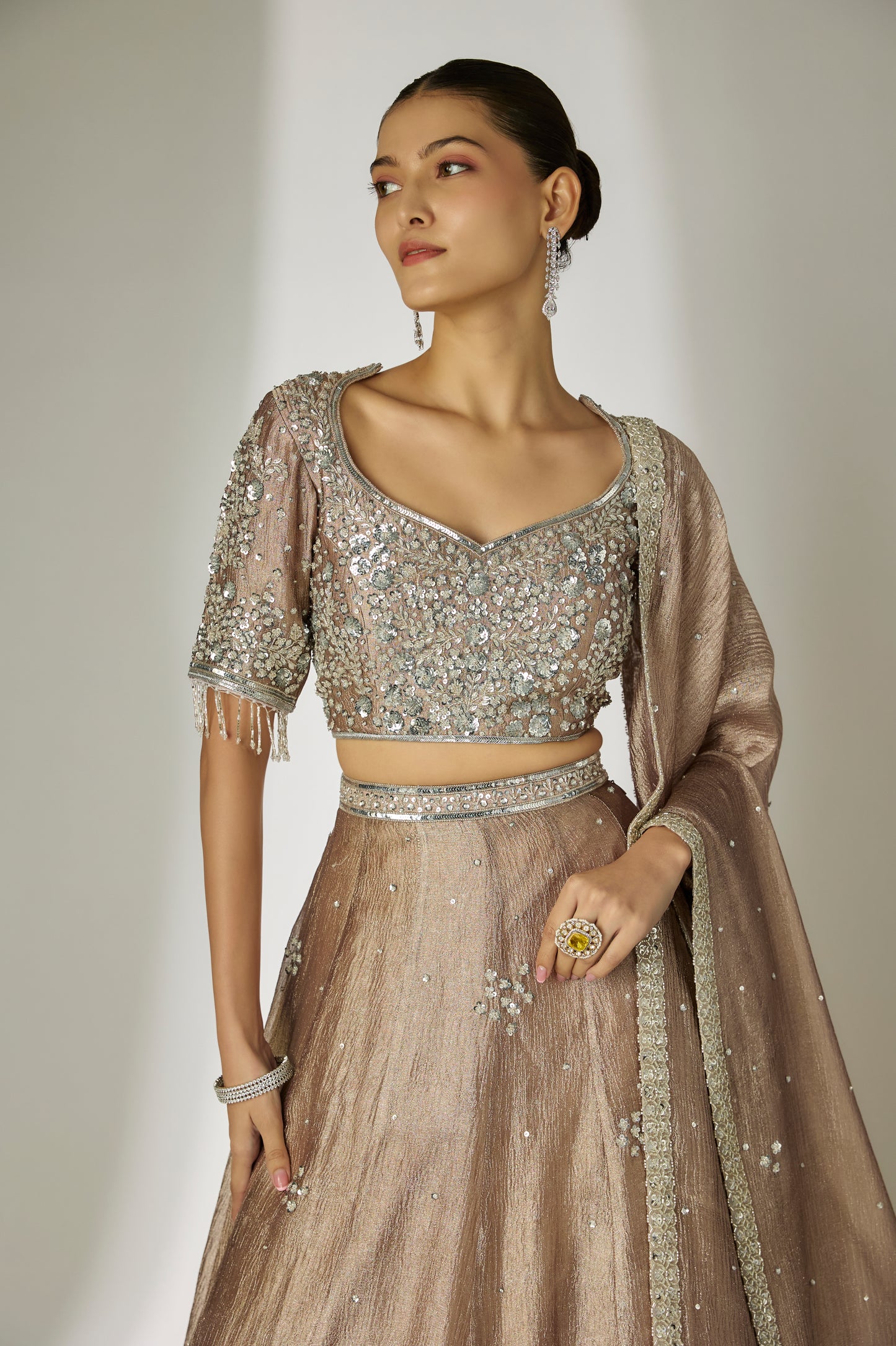 Grey Crushed Tissue Silk Lehenga Set