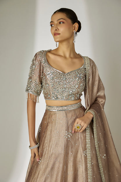 Grey Crushed Tissue Silk Lehenga Set