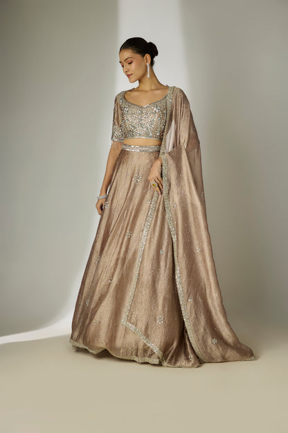 Grey Crushed Tissue Silk Lehenga Set